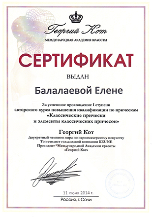 Сертификат на прически от Георгия Кот
